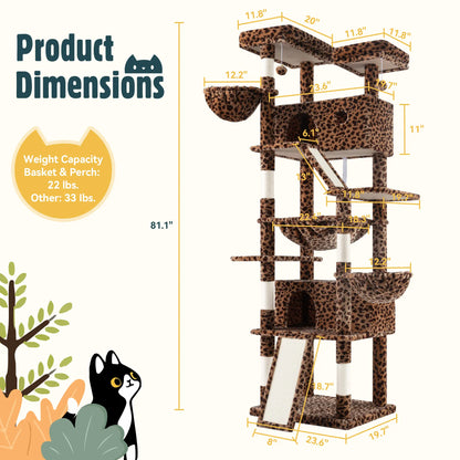 HOOMIC 81In Large Cat Tree Tower, Multi-Level Climbing House with Condo, Hammock & Scratching Post, Wide Base for Big Felines, Grey/Beige/Dark Blue/Pink/Leopard Print/Black Dots#Mothersdaygift