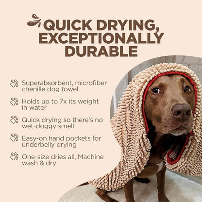 Soggy Doggy Super Shammy Dog Towel – Absorbent Microfiber Chenille Pet Towel for Drying Wet Dogs, Muddy Paws, Quick Dry Dog Shammy with Hand Pockets, Machine Washable – Beige/Red Trim, 31” X 14”