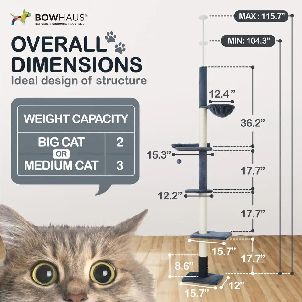 Elevate Your Cat's Playtime with the CAPHAUS Adjustable Floor to Ceiling Cat Tree - Cozy Hammock, Scratching Post & Interactive Play Features!
