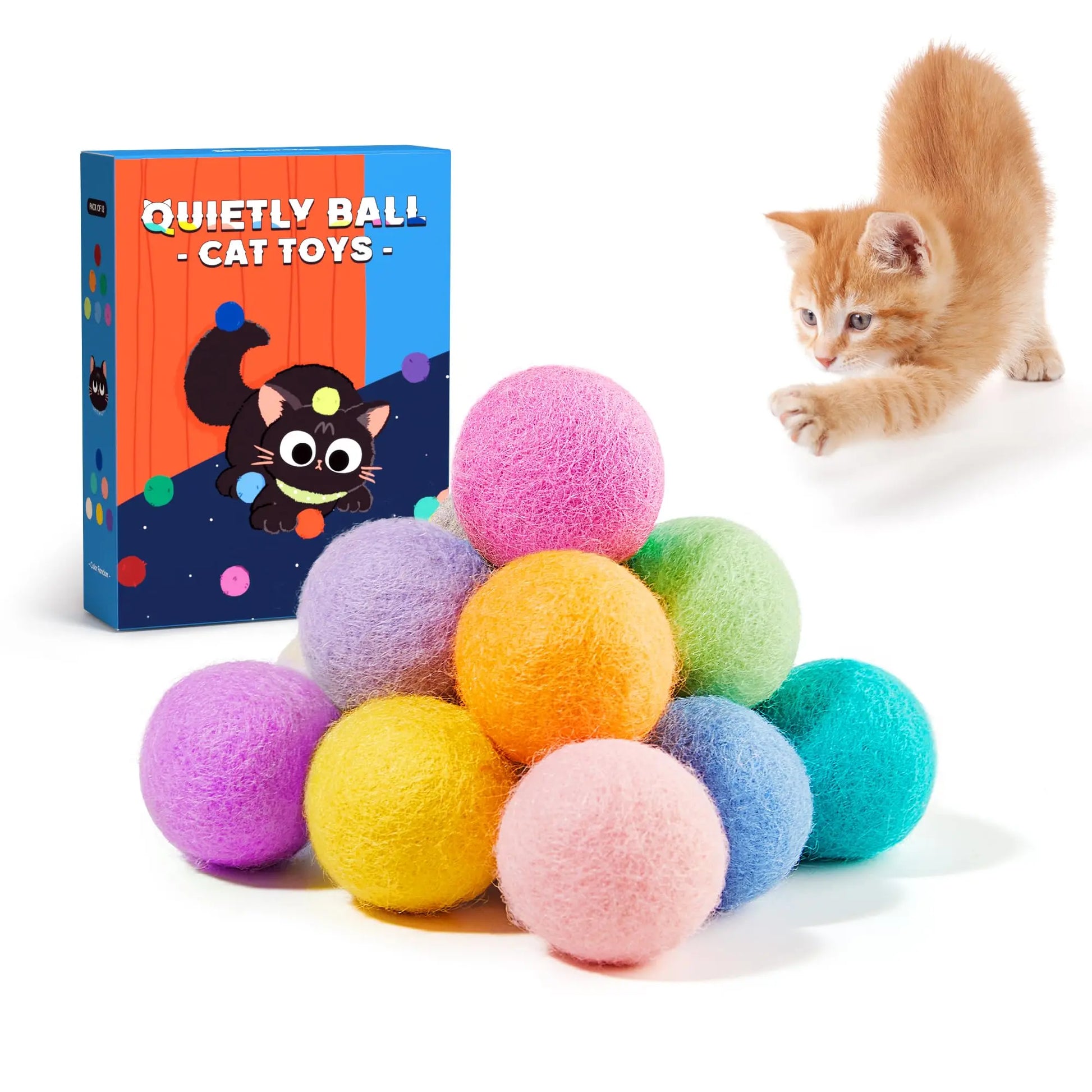 Potaroma 12 Pcs Quiet Play Felt Cat Ball Toys, Cat Kicker Exercise Toys, Fun Colorful Kitty Kitten Toys 1.6 Inches