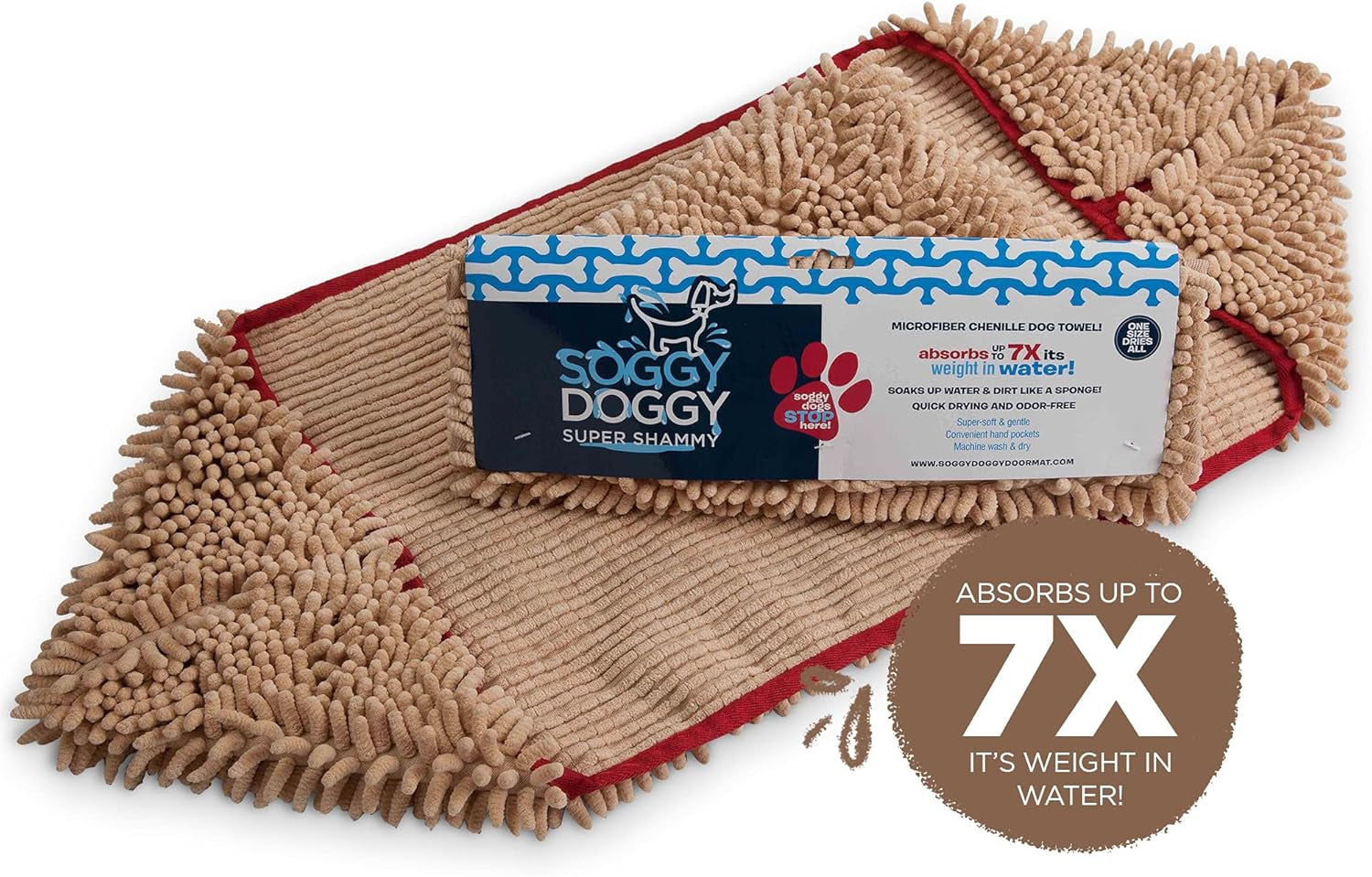 Soggy Doggy Super Shammy Dog Towel – Absorbent Microfiber Chenille Pet Towel for Drying Wet Dogs, Muddy Paws, Quick Dry Dog Shammy with Hand Pockets, Machine Washable – Beige/Red Trim, 31” X 14”