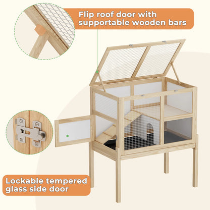 UFU&GAGA Guinea Pig Cages for 2, Small Animals Rabbit Cages with a Pull Out Tray, Large Wooden Indoor 2-Story Hamster House, Guinea Pig Hideout Habitat Playpen with Ramp, Platform, Natural