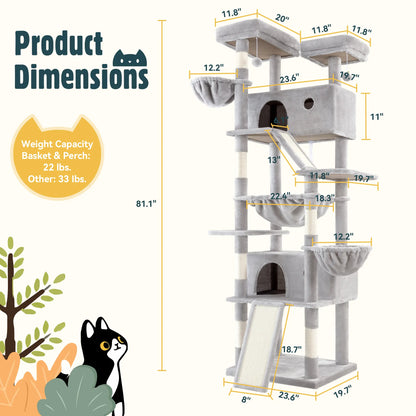 HOOMIC 81In Large Cat Tree Tower, Multi-Level Climbing House with Condo, Hammock & Scratching Post, Wide Base for Big Felines, Grey/Beige/Dark Blue/Pink/Leopard Print/Black Dots#Mothersdaygift