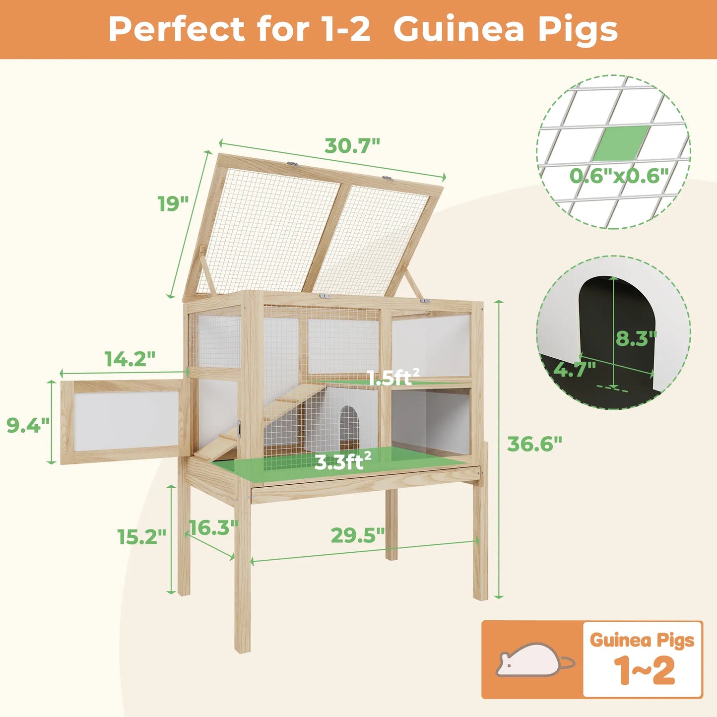 UFU&GAGA Guinea Pig Cages for 2, Small Animals Rabbit Cages with a Pull Out Tray, Large Wooden Indoor 2-Story Hamster House, Guinea Pig Hideout Habitat Playpen with Ramp, Platform, Natural