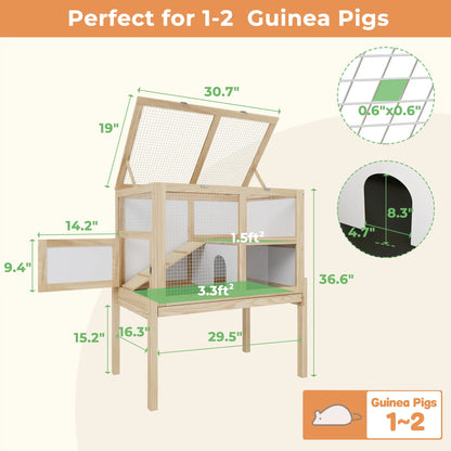 UFU&GAGA Guinea Pig Cages for 2, Small Animals Rabbit Cages with a Pull Out Tray, Large Wooden Indoor 2-Story Hamster House, Guinea Pig Hideout Habitat Playpen with Ramp, Platform, Natural