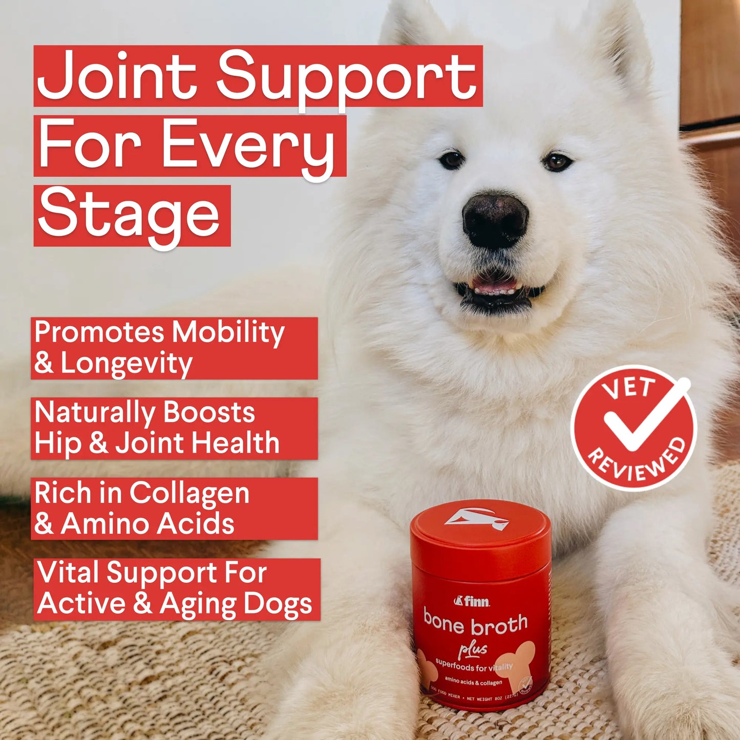 FINN Bone Broth plus Superfood Meal Topper for Dogs – Joint & Mobility Support Packed with Collagen & Amino Acids – Only 6 Ingredients | Powdered Meal Topper Supplement for Dogs