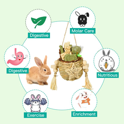 Rabbit Toy Reed Grass Hanging Basket Chews Woven Bunny Chewing Timothy Cake Wood Treats for Small Pets Safe Multifunctional Chew Toys