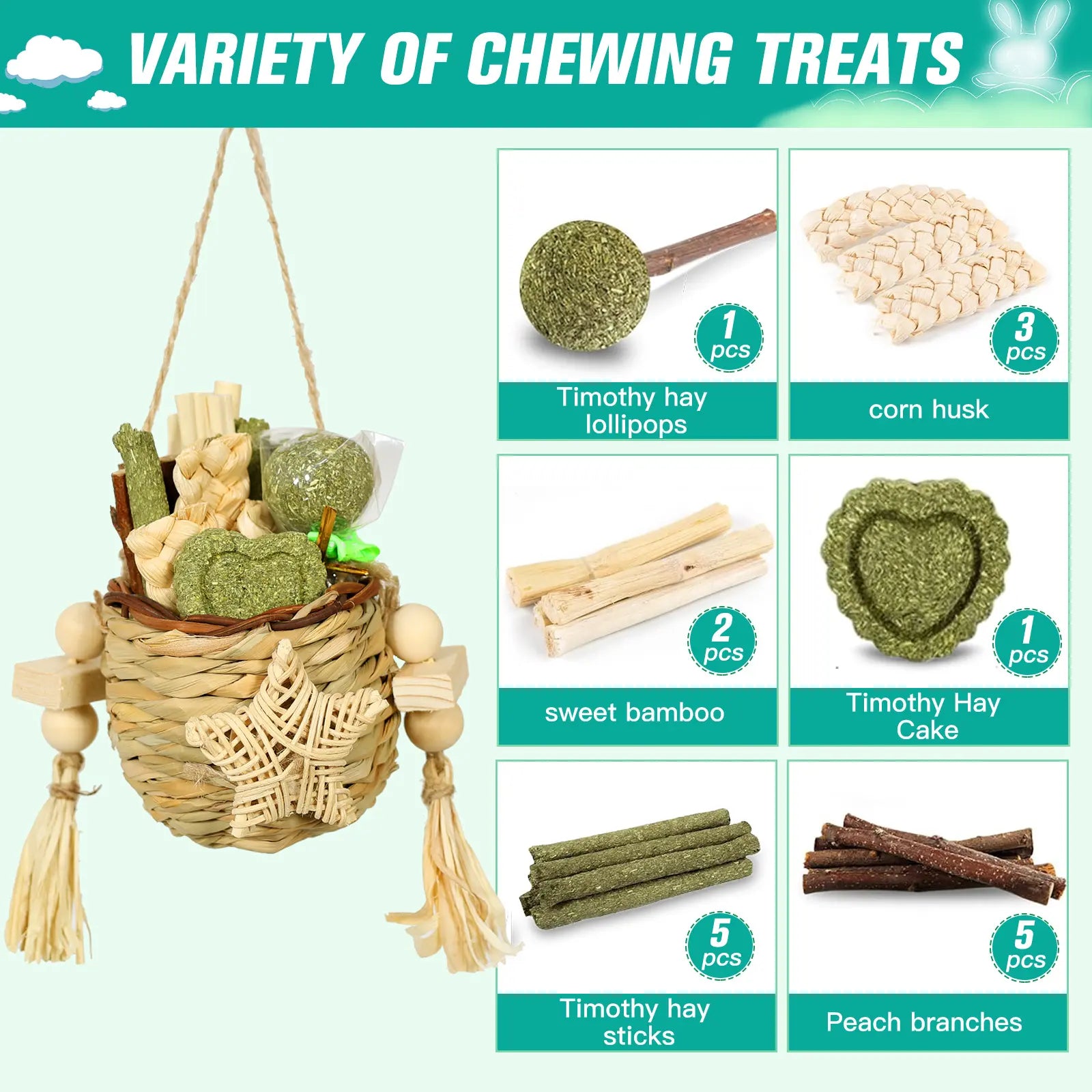 Rabbit Toy Reed Grass Hanging Basket Chews Woven Bunny Chewing Timothy Cake Wood Treats for Small Pets Safe Multifunctional Chew Toys