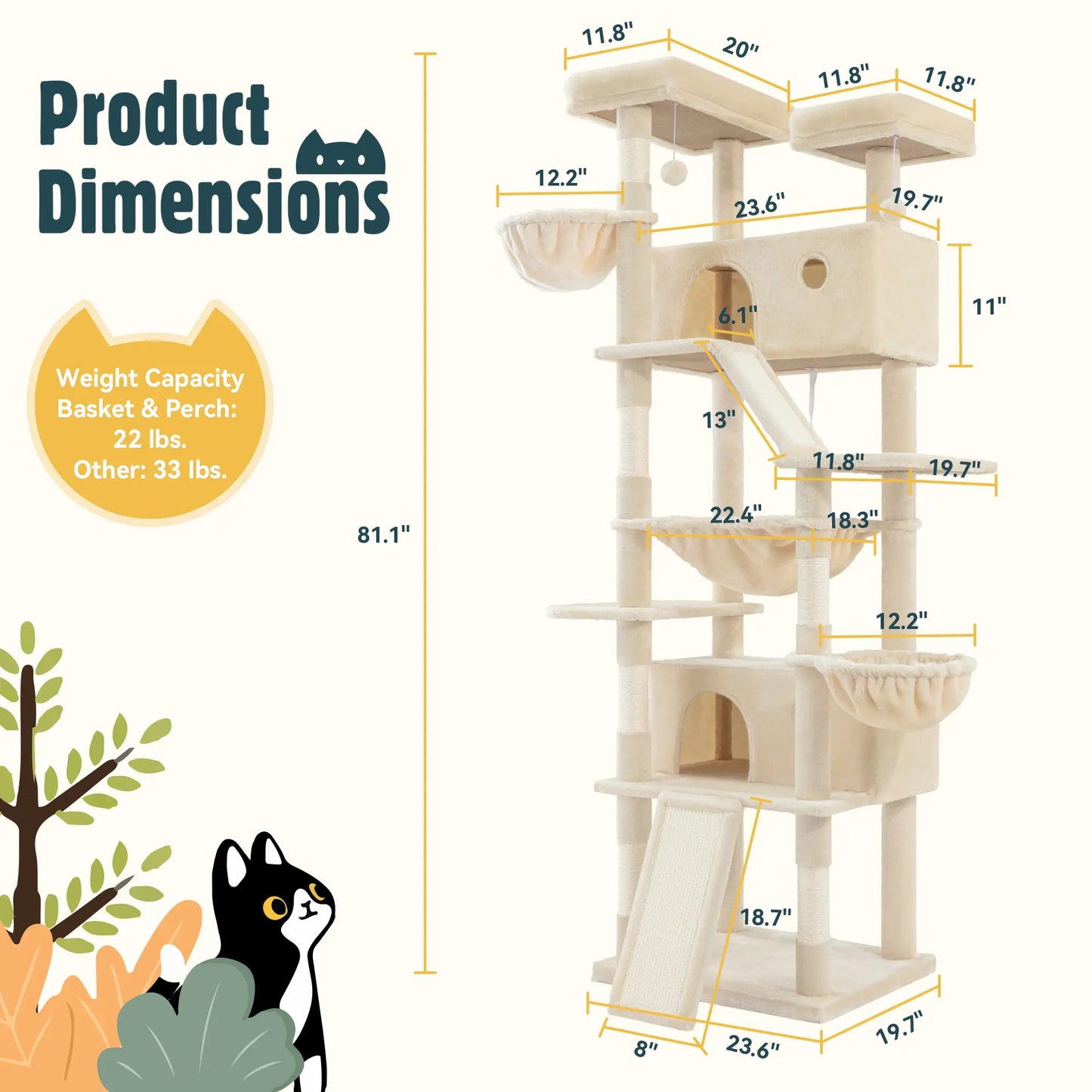 HOOMIC 81In Large Cat Tree Tower, Multi-Level Climbing House with Condo, Hammock & Scratching Post, Wide Base for Big Felines, Grey/Beige/Dark Blue/Pink/Leopard Print/Black Dots#Mothersdaygift