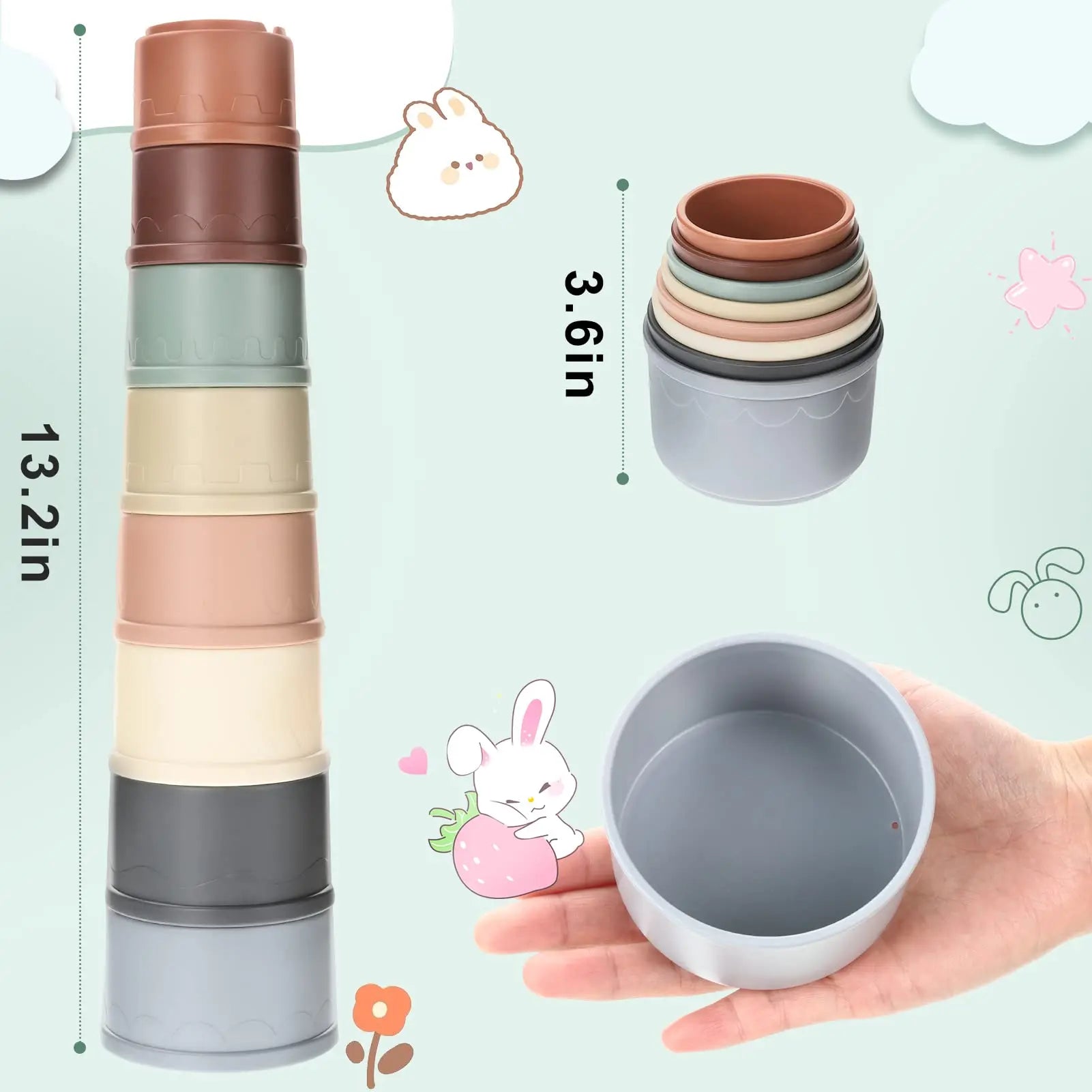 8 Pcs Small Animal Stacking Nesting Cups, Rabbit Stacker Toy, Random Colors, Safe Durable Plastic, Wash-Safe Easy Cleaning, Reusable for Hiding Food & Play, Indoor Outdoor Pet Feeding Supplies