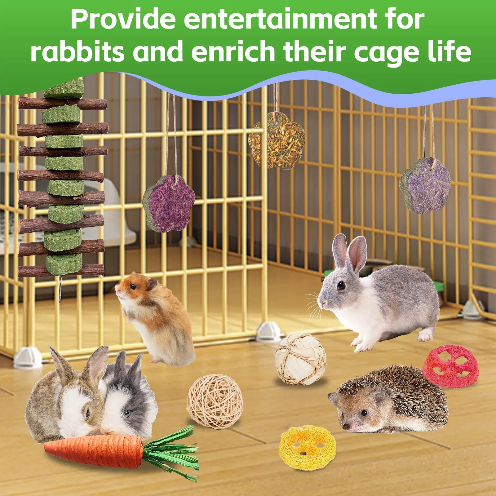 21-Piece Rabbit Toys Dental Chew Toys with Peach Wood Sticks, Timothy Hay Cakes Small Animal Teeth Care Chew Toys for Rabbits, Hamsters, Chinchillas, Gerbils