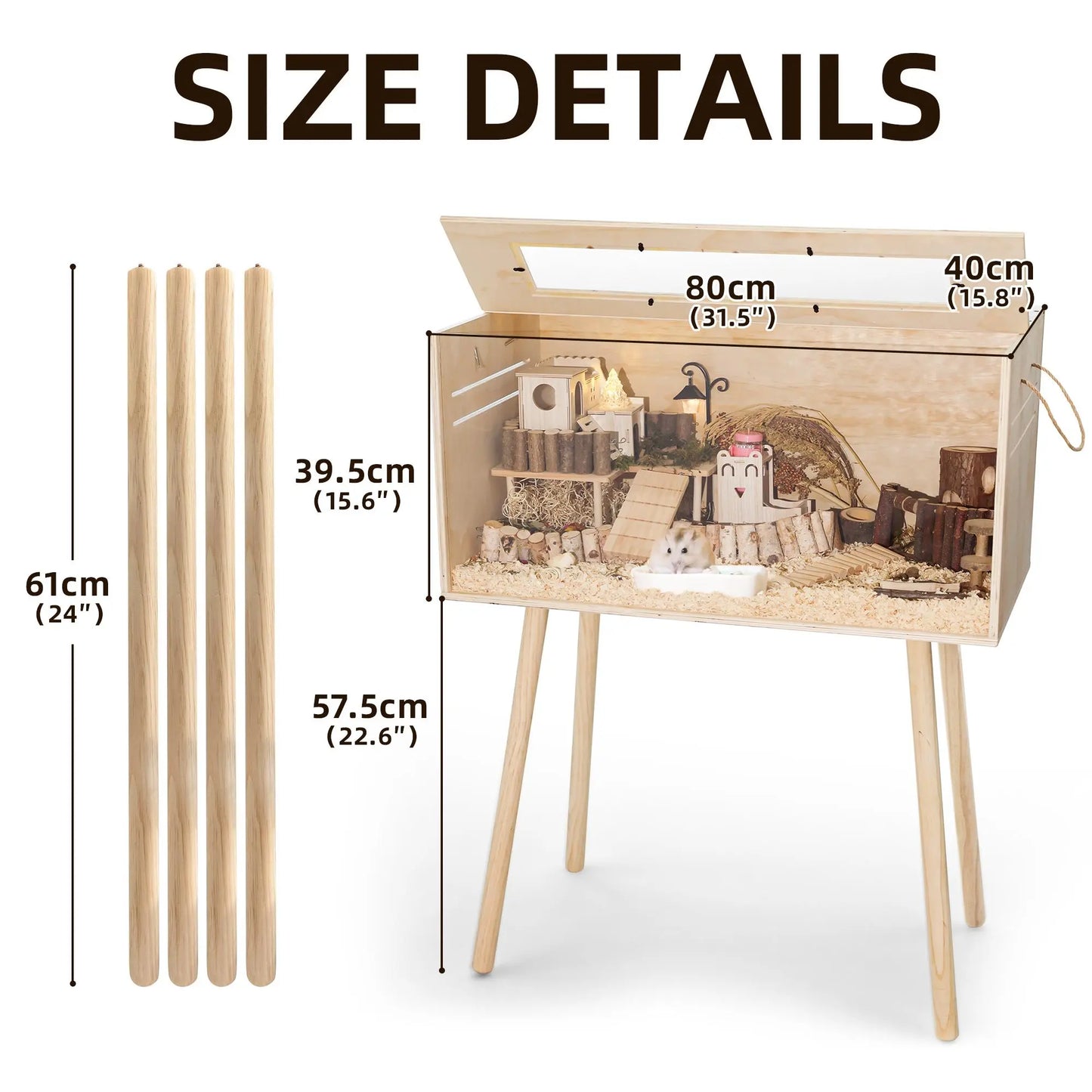 TSYPAIRS 32" Chewproof Wooden Hamster Cage, Small Animal Habitat with Openable Top & Clear Acrylic Panels, Multiple Base Style Options
