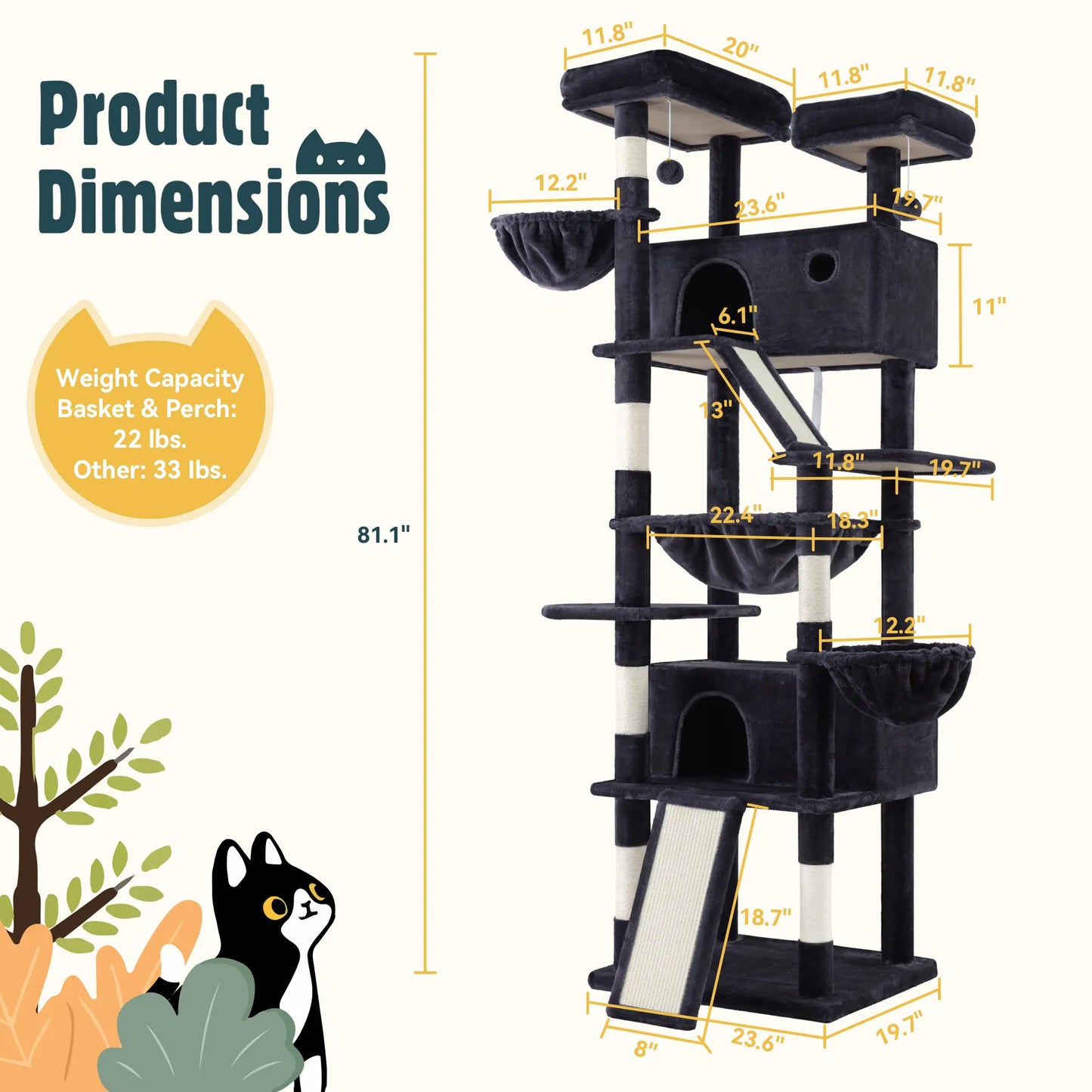 HOOMIC 81In Large Cat Tree Tower, Multi-Level Climbing House with Condo, Hammock & Scratching Post, Wide Base for Big Felines, Grey/Beige/Dark Blue/Pink/Leopard Print/Black Dots#Mothersdaygift