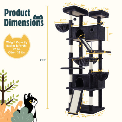 HOOMIC 81In Large Cat Tree Tower, Multi-Level Climbing House with Condo, Hammock & Scratching Post, Wide Base for Big Felines, Grey/Beige/Dark Blue/Pink/Leopard Print/Black Dots#Mothersdaygift