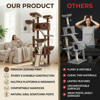 HOOMIC 81In Large Cat Tree Tower, Multi-Level Climbing House with Condo, Hammock & Scratching Post, Wide Base for Big Felines, Grey/Beige/Dark Blue/Pink/Leopard Print/Black Dots#Mothersdaygift