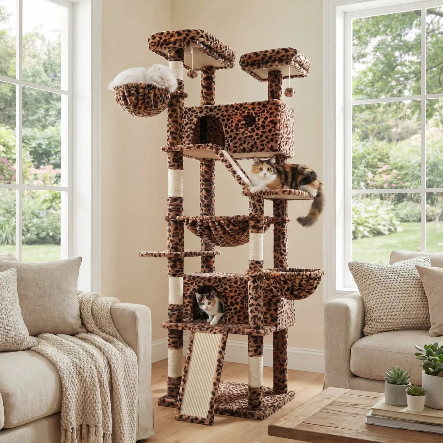 HOOMIC 81In Large Cat Tree Tower, Multi-Level Climbing House with Condo, Hammock & Scratching Post, Wide Base for Big Felines, Grey/Beige/Dark Blue/Pink/Leopard Print/Black Dots#Mothersdaygift