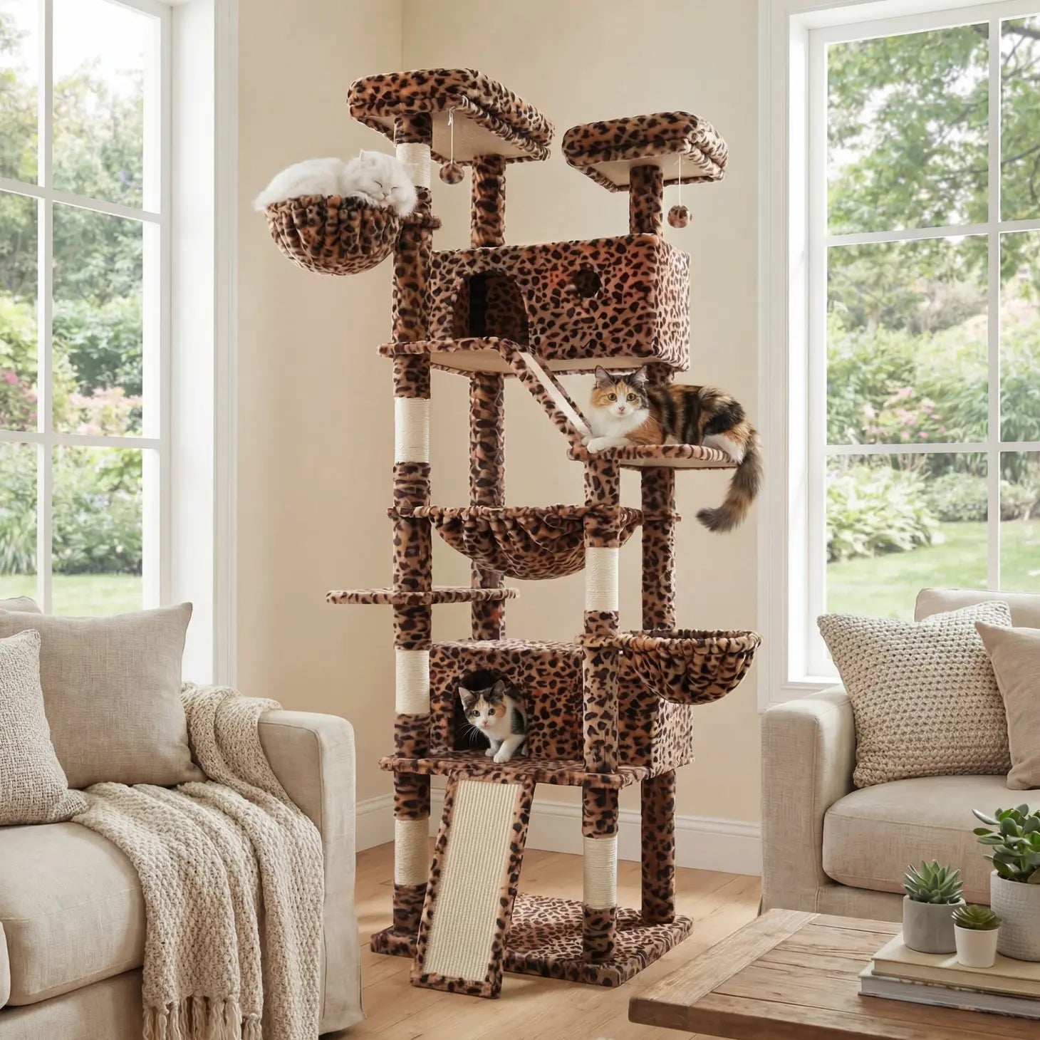 HOOMIC 81In Large Cat Tree Tower, Multi-Level Climbing House with Condo, Hammock & Scratching Post, Wide Base for Big Felines, Grey/Beige/Dark Blue/Pink/Leopard Print/Black Dots#Mothersdaygift