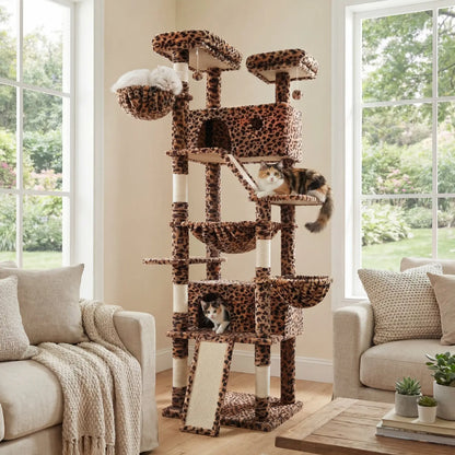 HOOMIC 81In Large Cat Tree Tower, Multi-Level Climbing House with Condo, Hammock & Scratching Post, Wide Base for Big Felines, Grey/Beige/Dark Blue/Pink/Leopard Print/Black Dots#Mothersdaygift