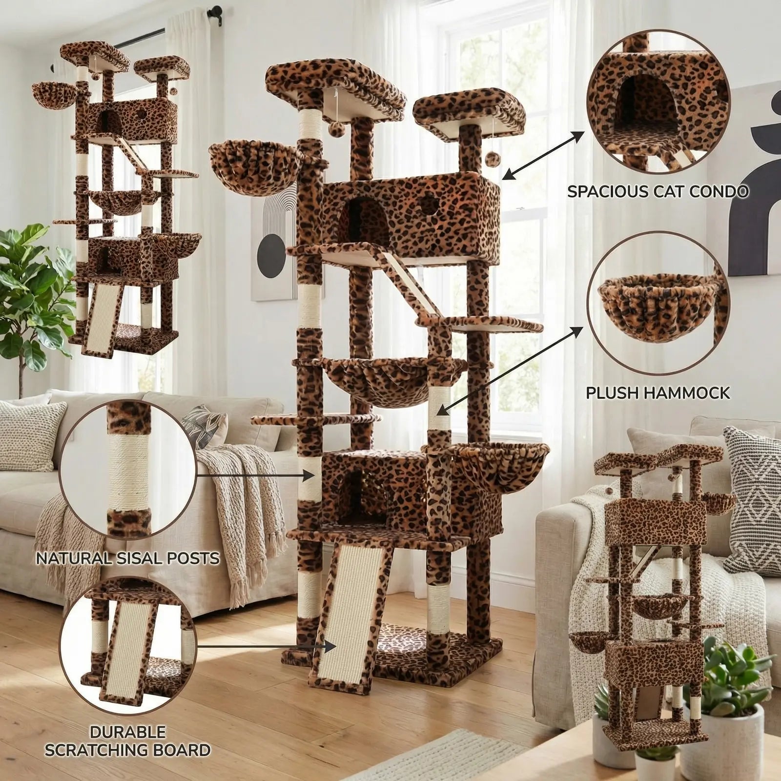 HOOMIC 81In Large Cat Tree Tower, Multi-Level Climbing House with Condo, Hammock & Scratching Post, Wide Base for Big Felines, Grey/Beige/Dark Blue/Pink/Leopard Print/Black Dots#Mothersdaygift