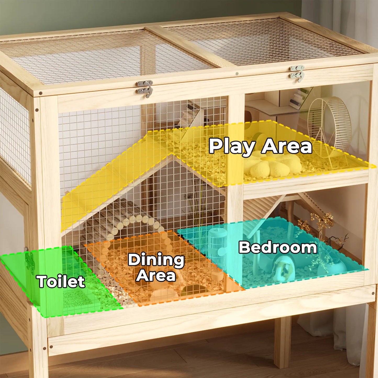 UFU&GAGA Guinea Pig Cages for 2, Small Animals Rabbit Cages with a Pull Out Tray, Large Wooden Indoor 2-Story Hamster House, Guinea Pig Hideout Habitat Playpen with Ramp, Platform, Natural