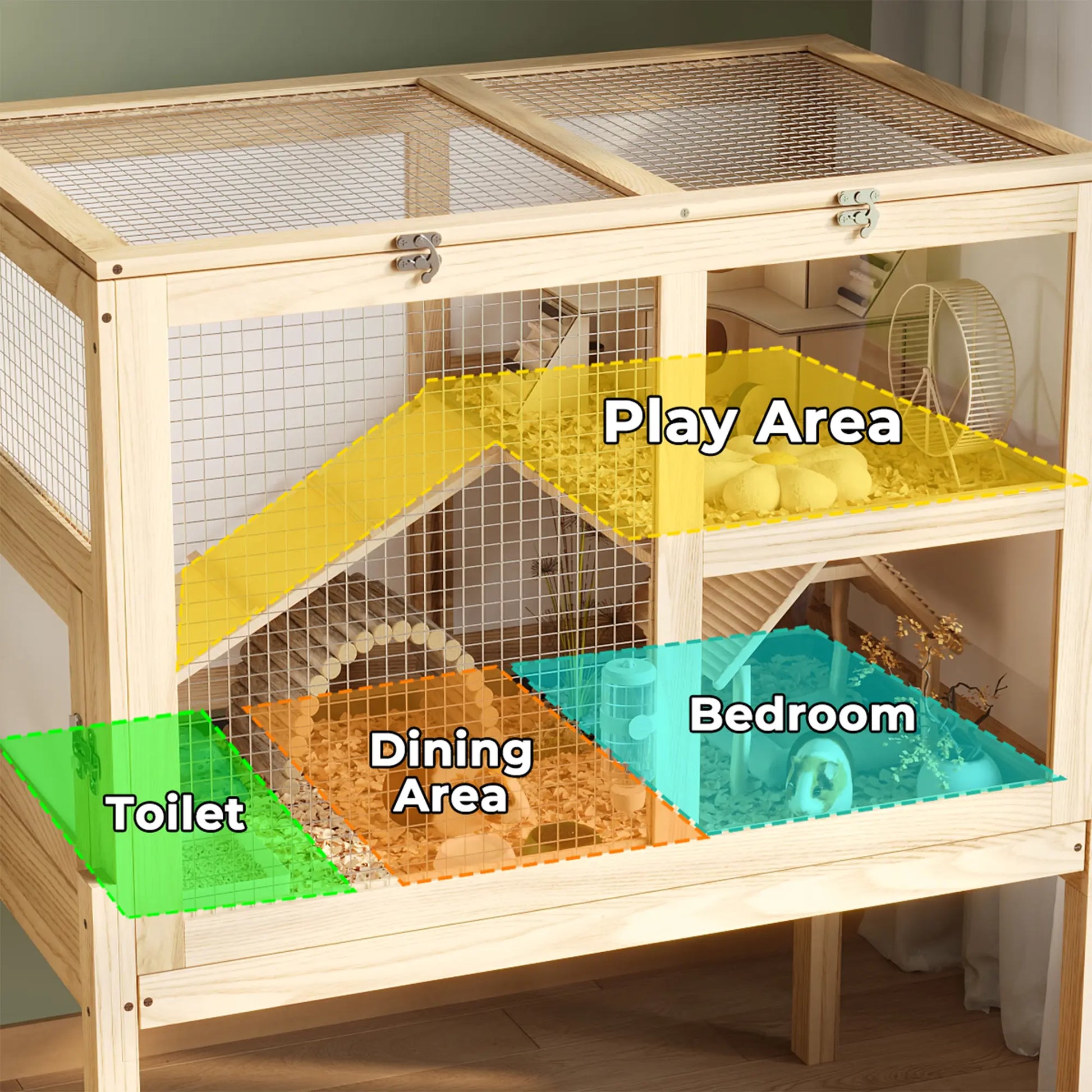 UFU&GAGA Guinea Pig Cages for 2, Small Animals Rabbit Cages with a Pull Out Tray, Large Wooden Indoor 2-Story Hamster House, Guinea Pig Hideout Habitat Playpen with Ramp, Platform, Natural